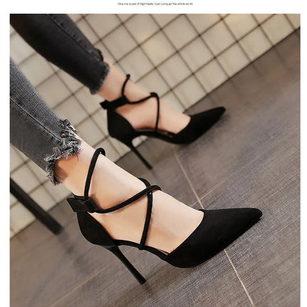 2021 Estate europea e americana pelle scamosciata a punta croce cinturino scarpe tacco alto banchetto da donna discoteca sandali sexy con tacco sottile