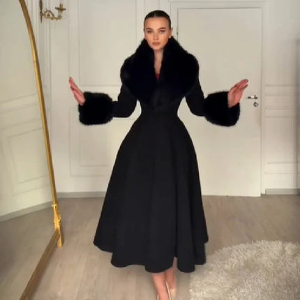 Women Elegant Long Wool Blend Coat Faux Fur Big Collar Cuff Cinched Waist Flare A‑line Maxi Coat Retro Party Outerwear Overcoat