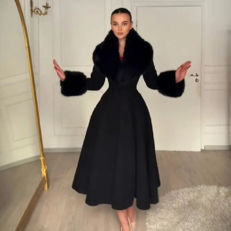 Women Elegant Long Wool Blend Coat Faux Fur Big Collar Cuff Cinched Waist Flare A‑line Maxi Coat Retro Party Outerwear Overcoat
