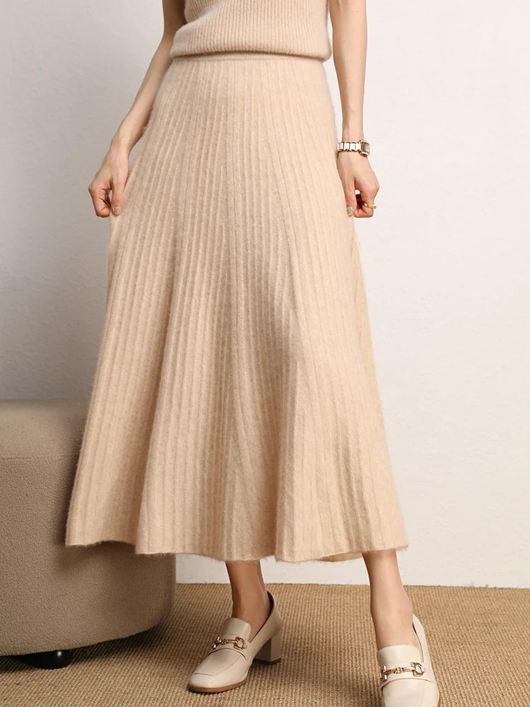New Chic Pleated Skirts Woman Slimming Umbrellas Autumn Winter 100% Cashmere Knitted Long Skirt Solid Color Basics Woman Clothes PlatiNum