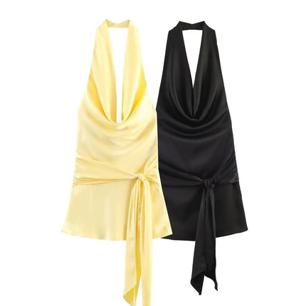 HH Abito Mini Estivo in Raso con Scollo all'Americana e Cintura da Donna 2026, Sexy Senza Maniche, Schiena Scoperta, Elegante con Laccetti Frontali, Vestito Corto da Festa platinumshop