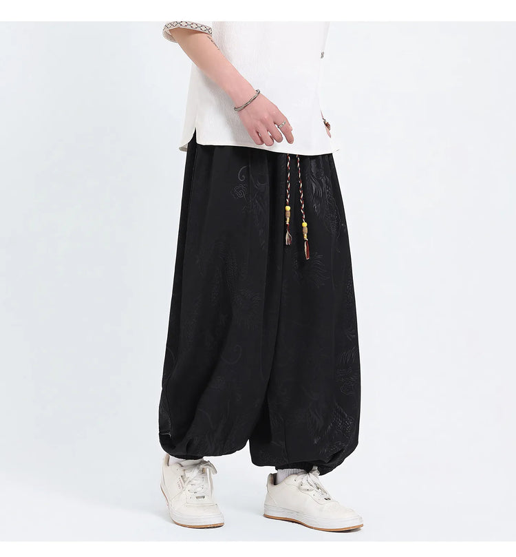 Pantaloni Estivi da Uomo Stile Cinese in Seta Ghiaccio con Motivo Drago Ukiyo-e, Comodi e Trendy, Pantaloni Casual Oversize da Uomo
