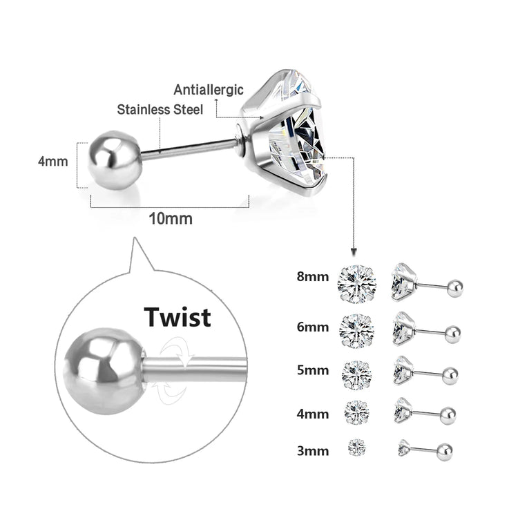 LUXUSTEEL 2Pcs Men's Crystal Zircon Studs Earrings For Women 316L Stainless Steel Cartilage Piercing Ear Anti Allergic 3-8mm PlatiNum