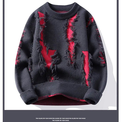 Ripped Sweater Men's Loose Crew Neck Knit Bottom Shirt Handsome Autumn Clothes on The Fashion  Sweater Pullover Sweater