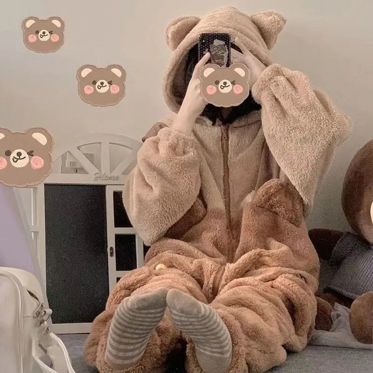 Cartoon Coral Fleece Lined Onesie Pajamas Women's Winter Home Clothes Comfortable Breathable Sleepwear Polyester Fiber