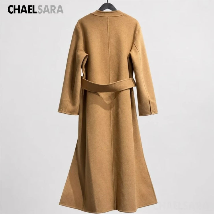 High Quality Women's Autumn Winter New Double-Sided 100% Wool Coat Fashion Belt Long Sleeves Pockets Elegance Overcoats Ladies