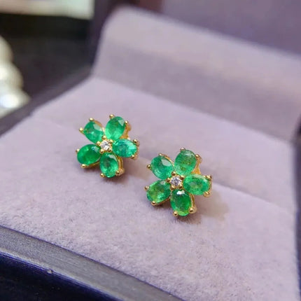 3*4mm Natural Emerald Flower Design Earrings with Certificate Fine Charm Fashion Weddings Jewelry for Women PlatiNum