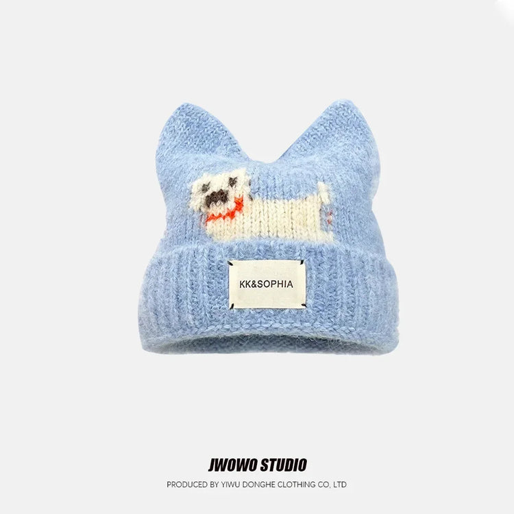 Cute Cartoon Kitten Ear Woolen Cap for Women Warm Cold-proof Autumn Winter Puppy Pattern Knitted Hat Fashion Sweet Crochet hats