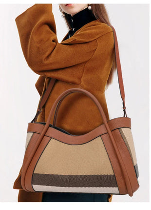 Borsa Tote in Tessuto a Righe con Bordi in Ecopelle, Manico Largo, Borsa a Spalla Grande per Uso Quotidiano e Pendolarismo