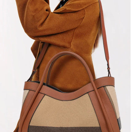 Borsa Tote in Tessuto a Righe con Bordi in Ecopelle, Manico Largo, Borsa a Spalla Grande per Uso Quotidiano e Pendolarismo