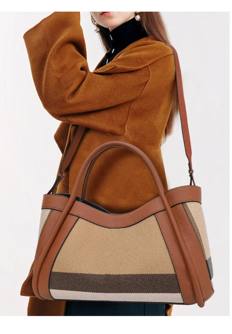 Borsa Tote in Tessuto a Righe con Bordi in Ecopelle, Manico Largo, Borsa a Spalla Grande per Uso Quotidiano e Pendolarismo