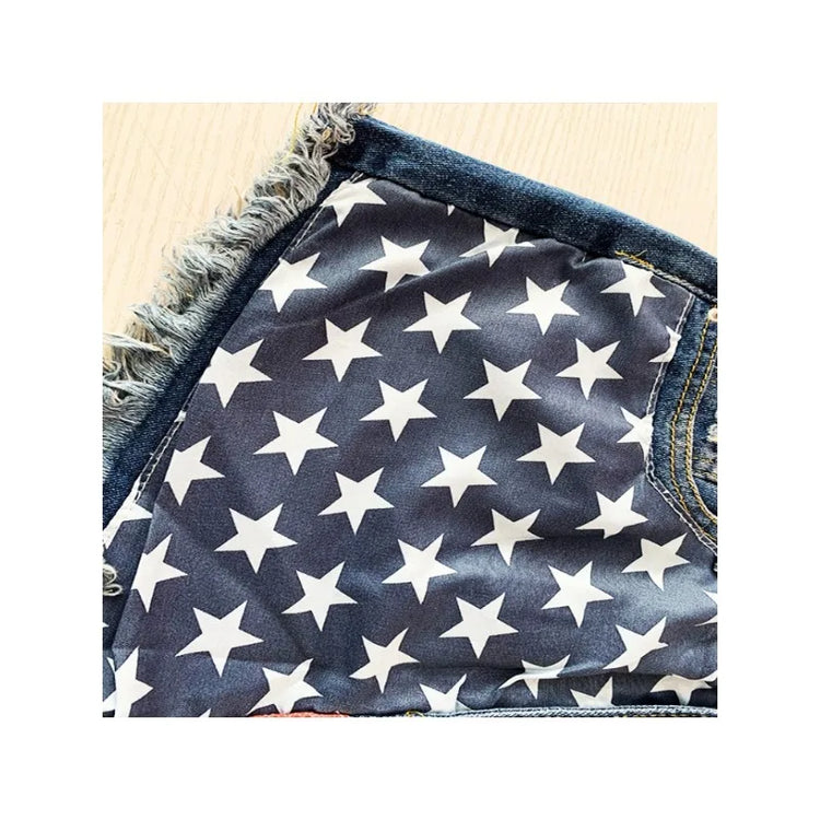 Pantaloncini di jeans con stampa stelle e nappe con bandiera americana estiva da donna Pantaloncini di design con nappe alla moda Pantaloncini casual versatili