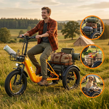 Triciclo Elettrico con Pneumatici Fat da 20*4.0 Pollici, E-bike da Carico PVY F20 con Robusto Cesto Posteriore, Motore da 1000W, Coppia di 80N.M, Forcella Ammortizzata Bloccabile, Carico Massimo 150kg