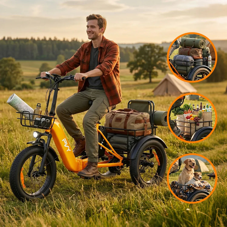 Triciclo Elettrico con Pneumatici Fat da 20*4.0 Pollici, E-bike da Carico PVY F20 con Robusto Cesto Posteriore, Motore da 1000W, Coppia di 80N.M, Forcella Ammortizzata Bloccabile, Carico Massimo 150kg