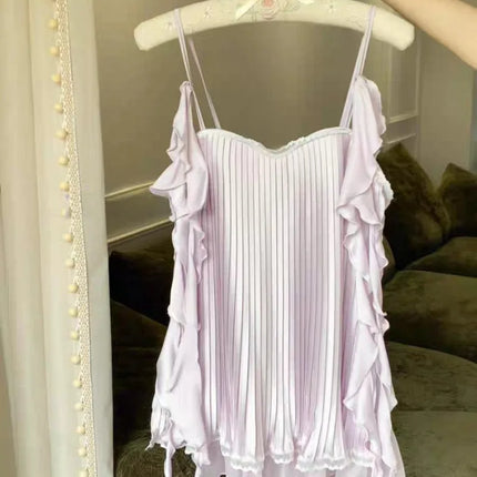 Women's Sexy Soft Chiffon Silk Nightgown with Straps and Pleats, Off-Shoulder Lingerie with Puff Sleeves and Ruched Details, 2026 Collection
