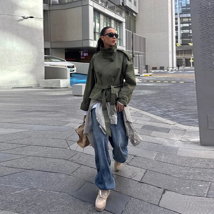 2026 Spring Women's Solid Lace Up Trench Coat Stand Collar Double Breasted Jacket Stylish New Lady Long Sleeve Outerwear Street