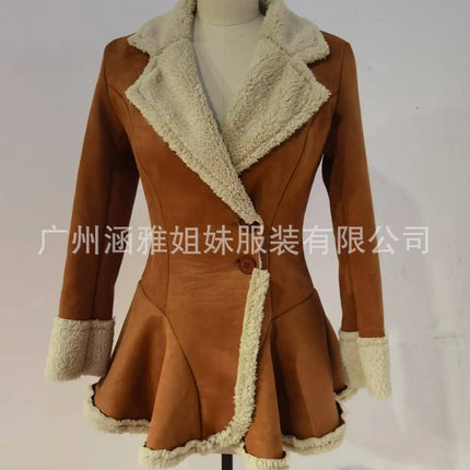 Women's Vintage Suede Coat Fur Collar Lapel  Beggar Style