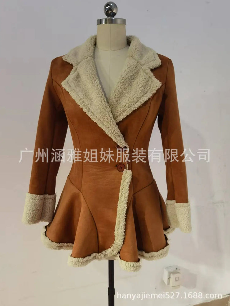 Women's Vintage Suede Coat Fur Collar Lapel  Beggar Style