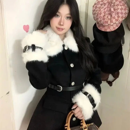 Women's Coats Advanced Sense Plush Spliced Turndown Collar Single Breasted Waist Retraction Skirt Style Woolen Coat Lady Clothes