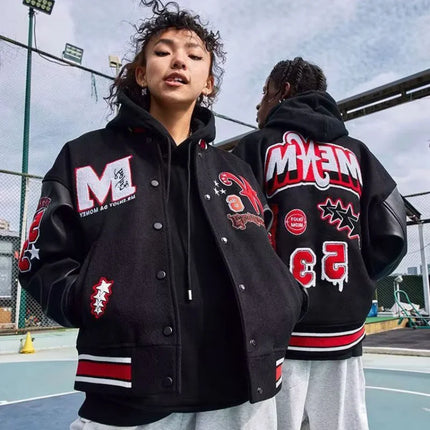 Bomber Jacket Men Women Flocking Hip Hop Loose Casual Patchwork Coat Unisex Embroidery High Street Varsity Baseball Outwear 2023