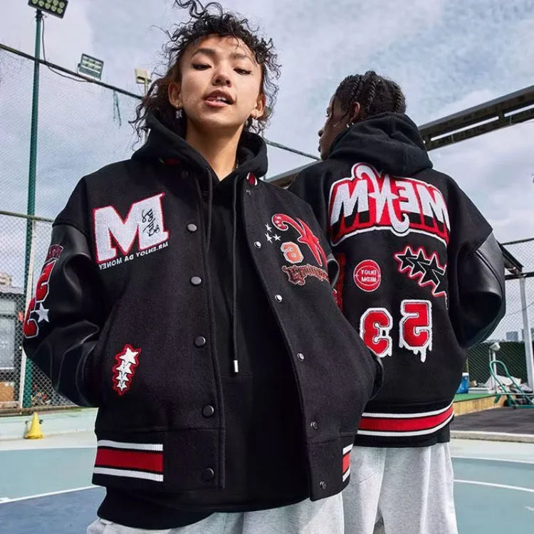 Bomber Jacket Men Women Flocking Hip Hop Loose Casual Patchwork Coat Unisex Embroidery High Street Varsity Baseball Outwear 2023
