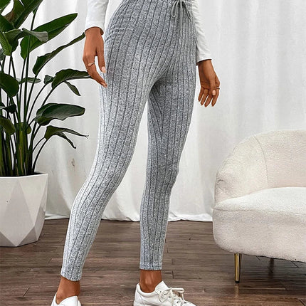 Casual Every Day Stretchy Women Drawstring Leggings High Waist Solid Color Breathable Sports Leggings Soft Comfortable Colthing PlatiNum