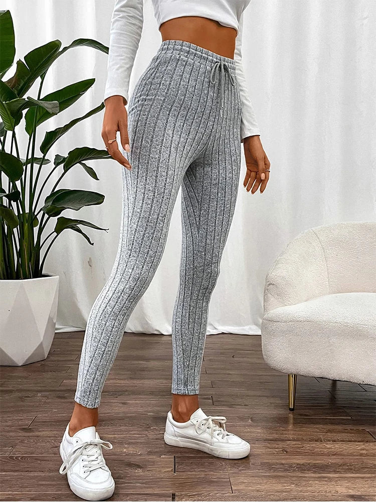 Casual Every Day Stretchy Women Drawstring Leggings High Waist Solid Color Breathable Sports Leggings Soft Comfortable Colthing PlatiNum
