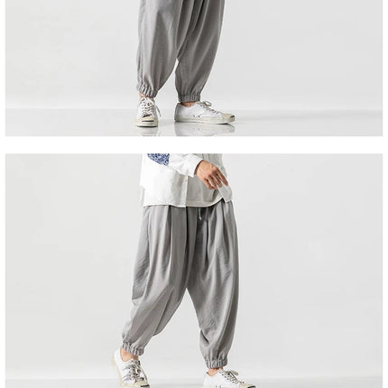 Pantaloni Harem in cotone e lino Pantaloni estivi larghi in tinta unita stile giapponese Pantaloni leggeri comodi e traspiranti casual da uomo