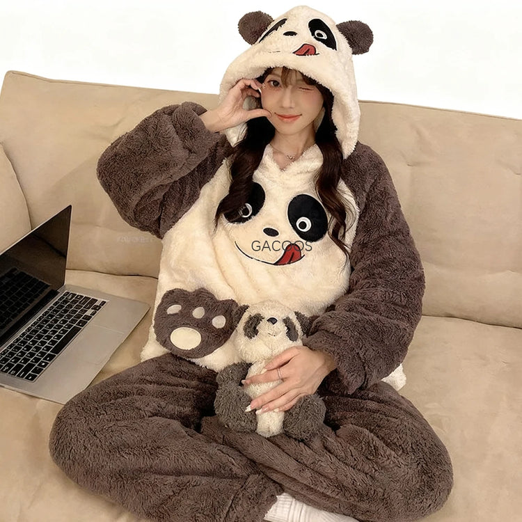Winter New Women's Warm Pajamas Cartoon Hooded Sleepwear Suit Women's Coral Fleece Pyjamas Set Thickened Thermal Homewear M-4XL