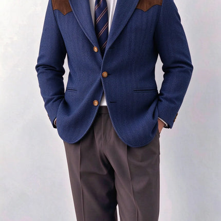 Herringbone Tweed Men's Blazer Jacket Wool Blend Suede Patch Shoulder Men's Sport Coat Business Casual Slim Fit For Oktoberfest