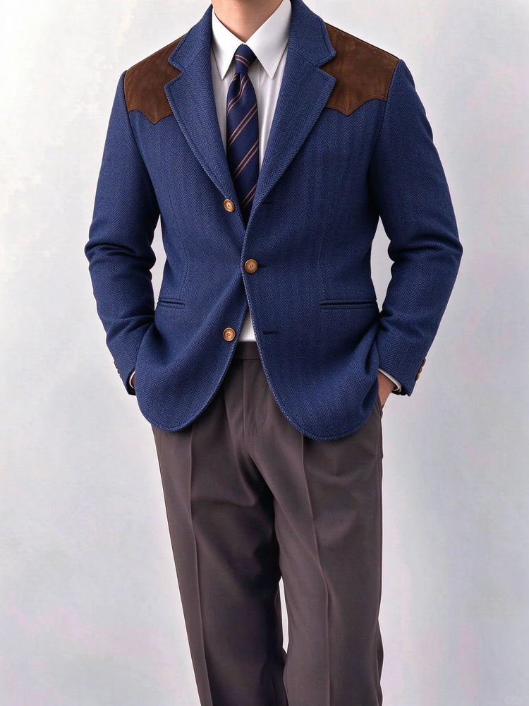 Herringbone Tweed Men's Blazer Jacket Wool Blend Suede Patch Shoulder Men's Sport Coat Business Casual Slim Fit For Oktoberfest