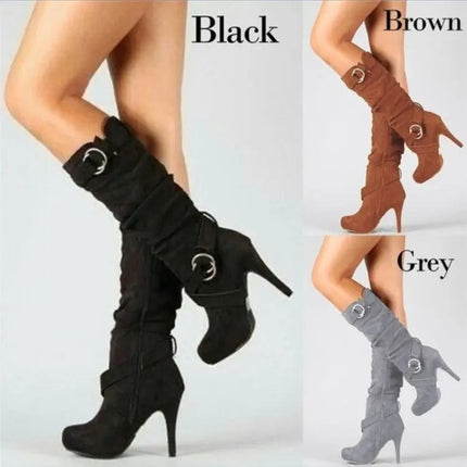 2023Sexy Knee High Women Boots Thin High Heel Round Toe Platform Fashion Ladies Pu Leather Boots Size 34-43 Lady Shoes PlatiNum