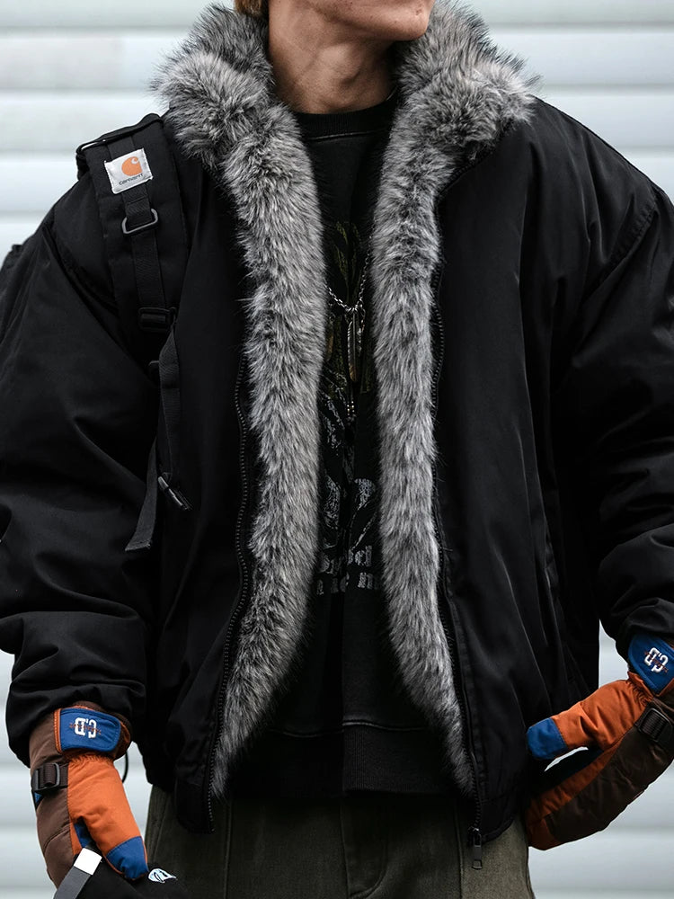 Mens Korean Streetwear Thick Warm Jacket Winter Fleece Lined Fur Collar High Quality Cold Proof Heavyweight Outdoor Thermal Coat