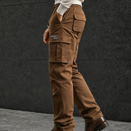 Men's Solid Cargo Pants Multi Pocket Drawstring Waist Straight Leg Casual Workwear Trousers Outdoor Streetwear Pants