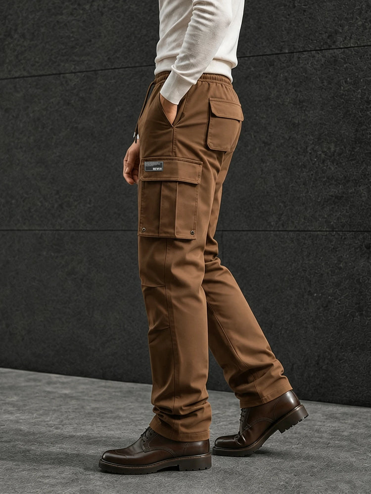 Men's Solid Cargo Pants Multi Pocket Drawstring Waist Straight Leg Casual Workwear Trousers Outdoor Streetwear Pants