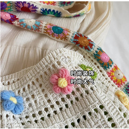 Borsa tote da donna in stile boho con motivo floreale all'uncinetto, borsa a tracolla in maglia intrecciata di grande capacità, borsa da spiaggia estiva per ragazze