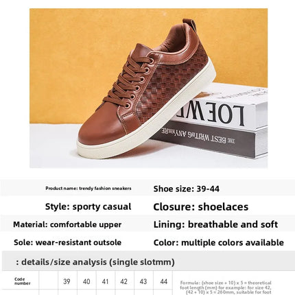 Men Low Top Leather Casual Shoes Lace-up Fashion Sneakers Black Embossed Plaid Upper Non Slip Flat Daily Wear Board Footwear