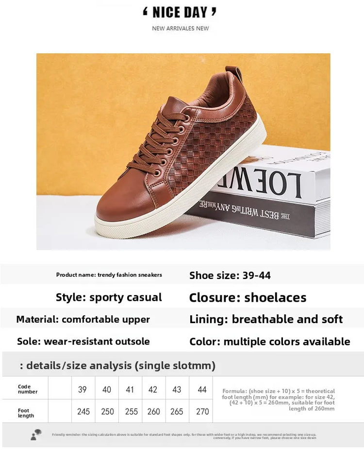 Men Low Top Leather Casual Shoes Lace-up Fashion Sneakers Black Embossed Plaid Upper Non Slip Flat Daily Wear Board Footwear