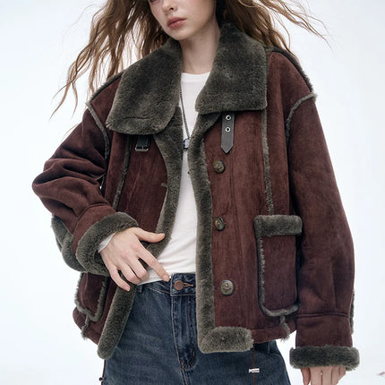 ELFSACK Women's Vintage Suede Plush Winter Coat 2025, Loose Turn-Down Collar Blend Jacket, Casual Versatile Outerwear