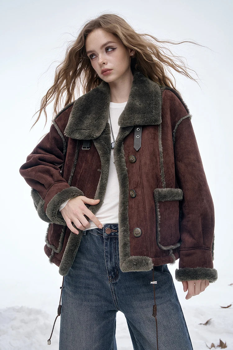 ELFSACK Women's Vintage Suede Plush Winter Coat 2025, Loose Turn-Down Collar Blend Jacket, Casual Versatile Outerwear