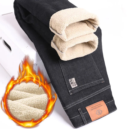 Winter Thermal Fleece Stretch Jeans Mens Business Casual Brand Fleece Pants Men Straight Flocking Thick Trousers Blue Black