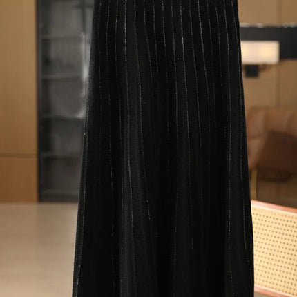 Women's Wool Skirts A-Line Pleated Cashmere Skirt Autumn Winter Elastic Waist 100% Merino Wool Knitted Bright Silk Style Dress PlatiNum