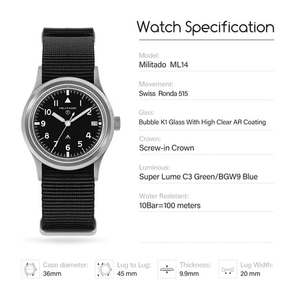 Militado ML14 36mm Orologio VH31 Sweep Secondo Movimento al quarzo Orologio Cristallo di zaffiro Super luminoso BGW9 C3 100m Orologi impermeabili platinumshop