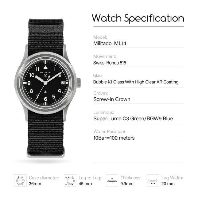 Militado ML14 36mm Orologio VH31 Sweep Secondo Movimento al quarzo Orologio Cristallo di zaffiro Super luminoso BGW9 C3 100m Orologi impermeabili platinumshop
