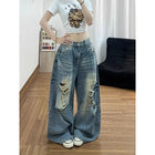 Jeans da donna stile americano vintage lavato con strappi, a gamba larga e dritta, vita alta, lunghezza maxi