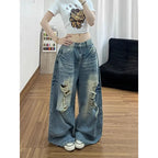 Jeans da donna stile americano vintage lavato con strappi, a gamba larga e dritta, vita alta, lunghezza maxi