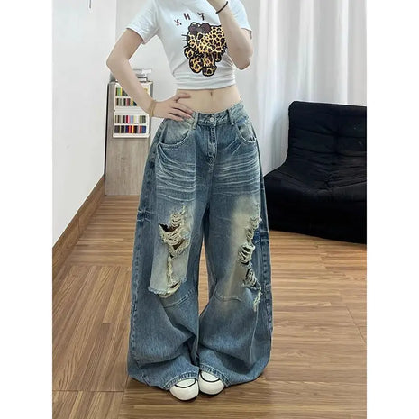 Women's vintage washed distressed American style wide leg straight jeans, high waist, maxi length