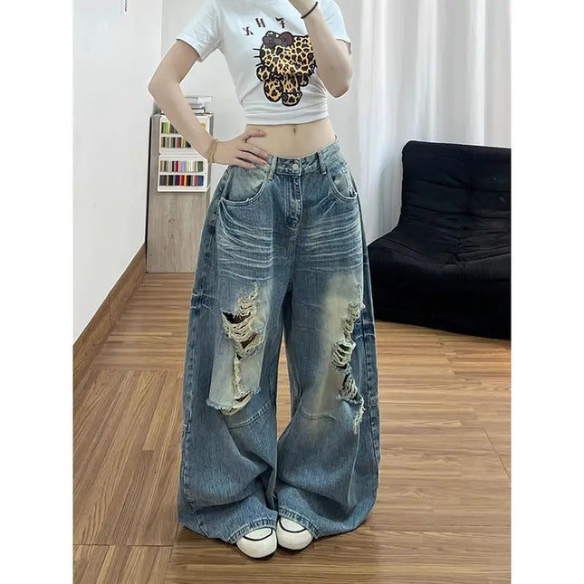 Jeans da donna stile americano vintage lavato con strappi, a gamba larga e dritta, vita alta, lunghezza maxi