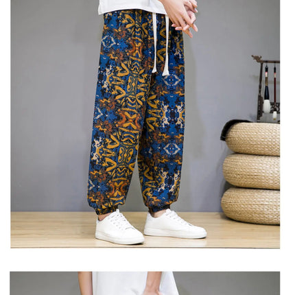 Pantaloni Primavera-Estate da Uomo in Stile Cinese, Sottili e Traspiranti in Cotone e Lino, con Vita Elastica, Pantaloni Harem Stampati Casual e Comodi