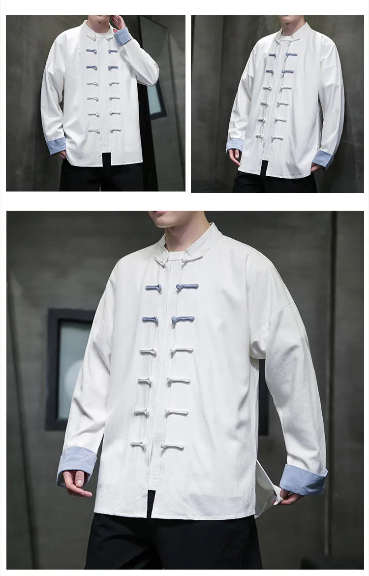 Camicie da Uomo Retrò Cinesi Traspiranti Stile Tang, Comode per Kung Fu e Tai Chi, Casual a Maniche Corte, Tinta Unita
